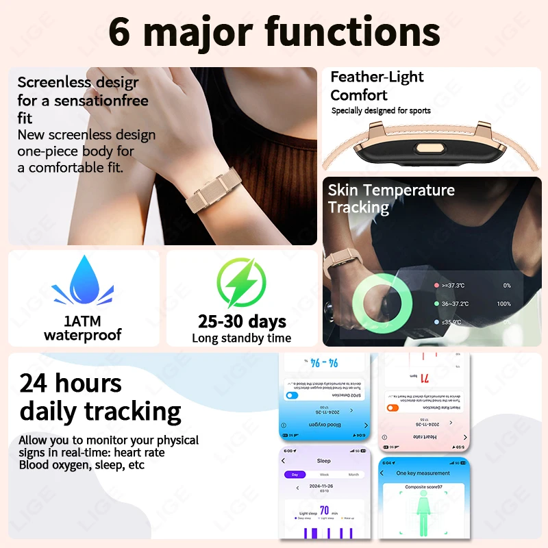 LIGE New Sports Smart Bracelet Body Temperature Heart Rate Fitness Tracker Pedometer Call Reminder Smartwatch Band For Women Men