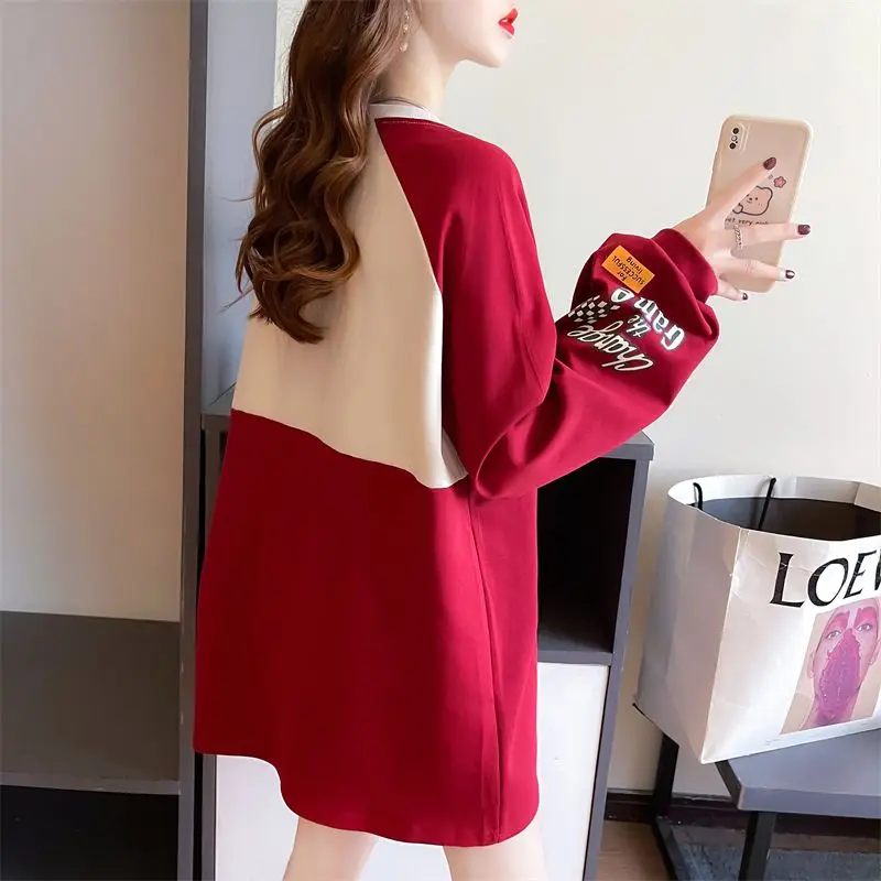 Autumn and Winter Women's Patchwork Letter Contrast Round Neck Long Sleeve Loose Pullover Sweater Fashion Casual Formal Tops