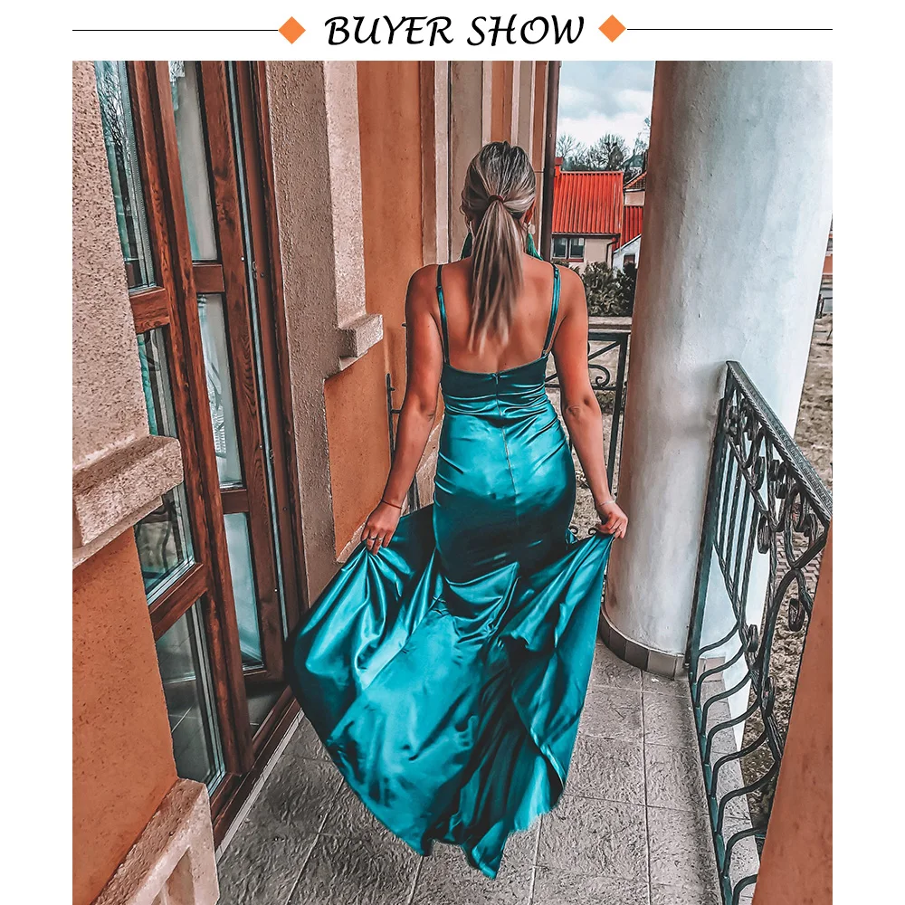 dinner dresses for ladies Sexy Emerald Green Drawstring Ruched Floor Length Evening Dress Stretch Satin V Neck Slit Mermaid Wedding Gown Bridesmaid Party dinner gown