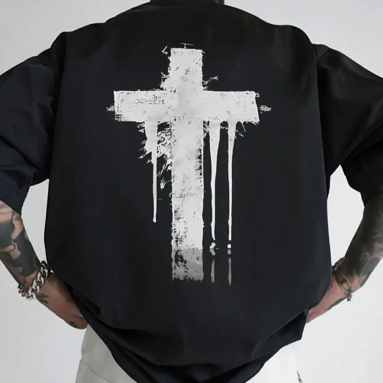 Men's Distressed White Cross Back Print T-Shirt back view