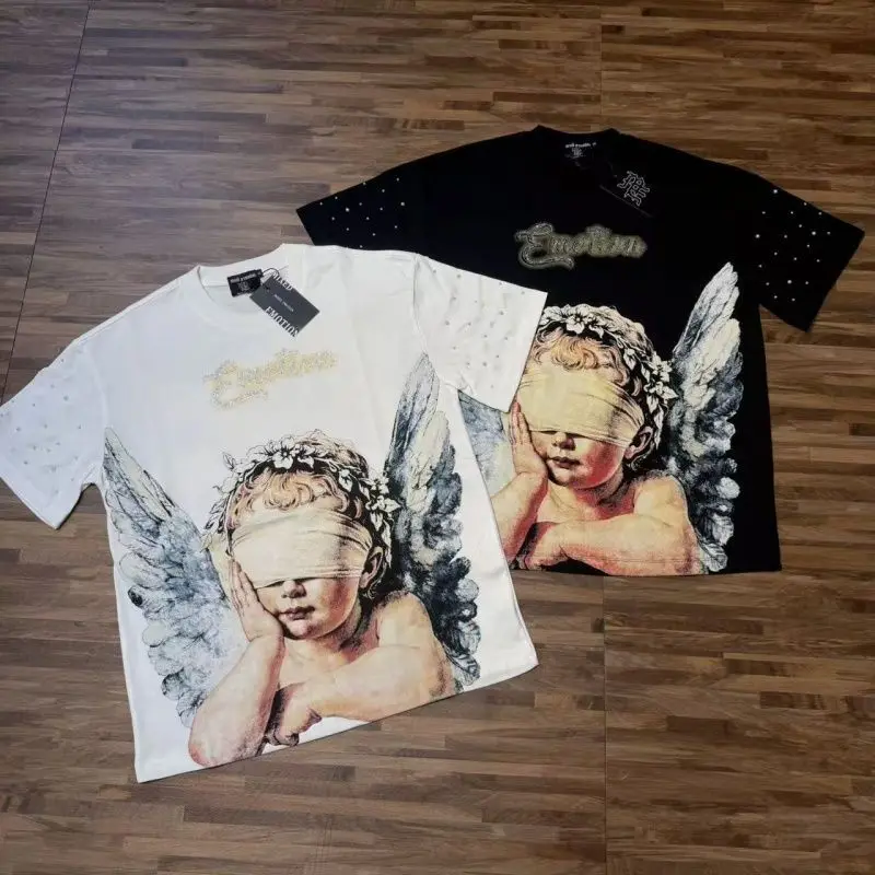 Mixed Emotion American Mask Wearing Angel Print Beaded Loose Short Sleeved T-shirt for couples Men Women Tee Tops