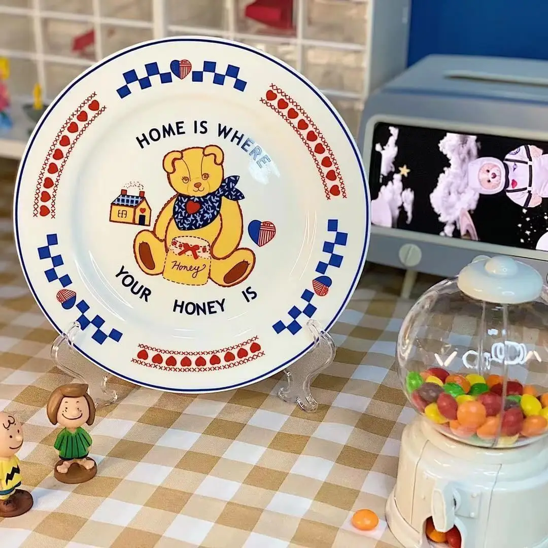 Original Retro Bear Plate,Sushi Bear Plates Korean Cute Girl Heart Ceramic Trays Unique Dessert Plate Serving Cartoon Dinnerware 4