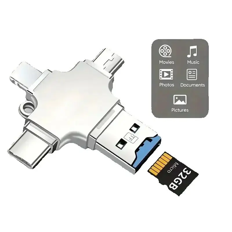 4 in 1 고속 SD 카드 리더, 라이트닝 및 USB-C 포트가 있는 휴대용 메모리 카드 어댑터, 안드로이드, 맥, PC용 범용