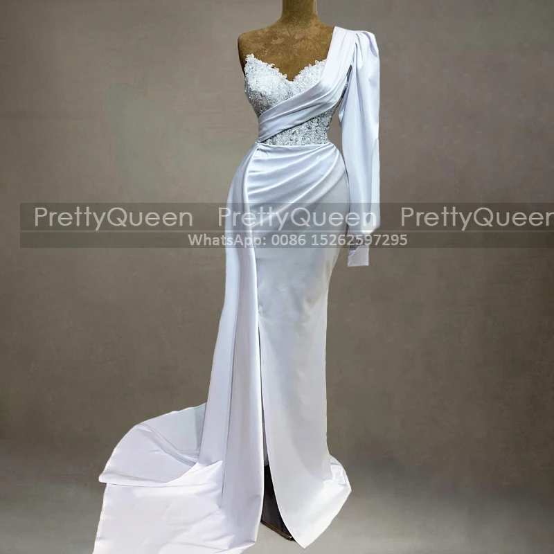 

White Appliques Mermaid Evening Dresses Single Long Sleeves One Shoulder Side Split Long Streamer Prom Dress Party Formal