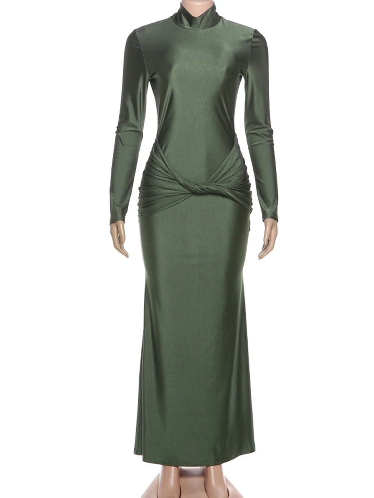 NibberTurtleneck Silk Satin Maxi Dress Woman Full Sleeve Kink Waist Design Midnight Autumn Trend Prom Party Elegant Vestidos