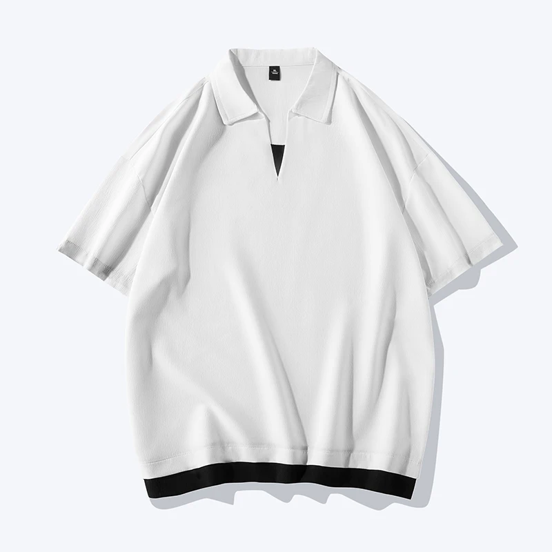 

2023 Patchwork Summer Men Polo Oversized T-shirts O-Neck Short Sleeve Stripe Men Jogger T Shirt Streetwear Tee Tops 3XL