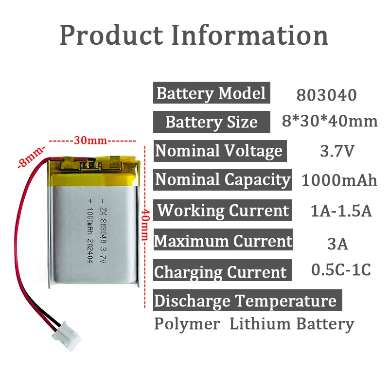 803040 3.7V 1000mAh Lipo バッテリー交換用リチウム Li-Po ポリマー