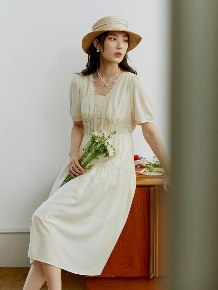 

DUSHU French Cozy Style Romantic Sense V-neck Dress for Women Summer Puff Sleeve Waist Slim Travel Long Skirt for Female