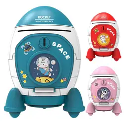 Rocket Piggy Bank with Key Switch Large Capacity Coin Money Box Cartoon Bunny Astronaut Pattern Stickers Birthday Gift for Kids