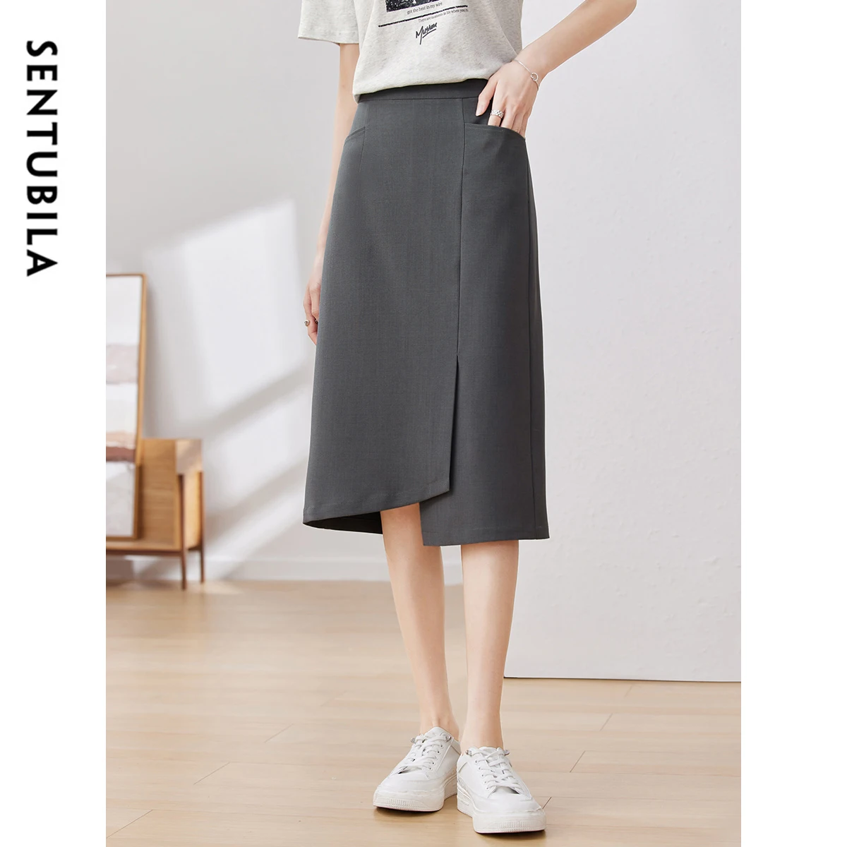 SENTUBILA Straight Irregular Slit Midi Skirt Woman 2026 Summer High Waist Solid Grey Split Pencil Skirts Pockets 132Q48722