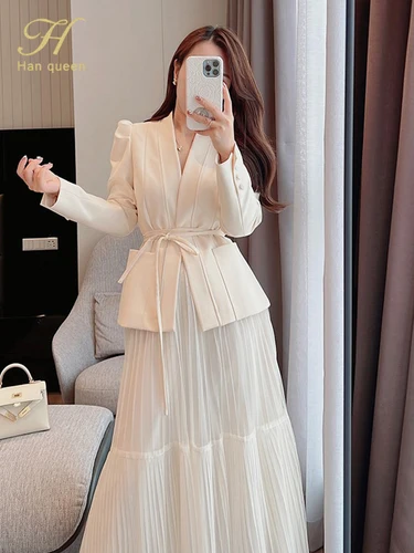 H Han Queen 여성용 우아한 한국 레이스업 패션 블레이저 + 롱 메쉬 스커트, 캐주얼 이브닝 파티 2 종 세트, 가을 신상 스커트 4