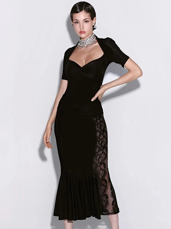 Ticketsx Sexy Lace Dress Set Women V-Neck See-Through Patchwork Pleated Slim...