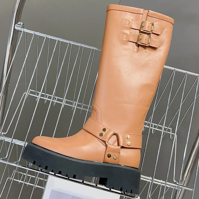 

Autumn Winter New Women's Long Boots Genuine Leather Material Hardware Buckle Design Round Head Height Increasing Women's Boots