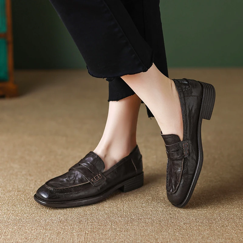 

Osunlina Fashion Pumps 3cm Thick Heels Slip On Square Toe Handmade 2023 INS Spring Loafers Real Cow Leather Retro Shoes Woman