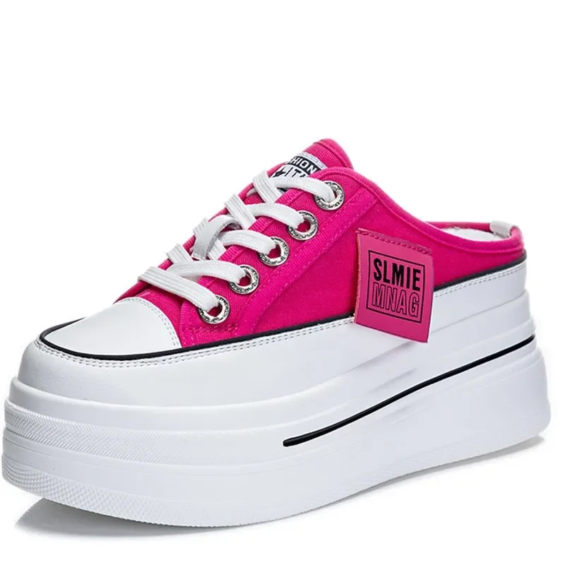

7.5cm Denim Platform Wedge Ladies Slippers Lace Up Chunky Sneaker Casual Comfy High Brand Breathable Summer Bao Toe Shoes