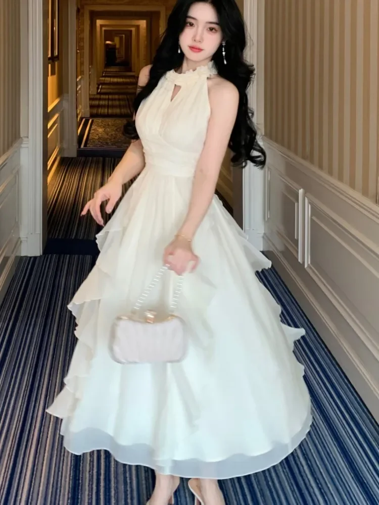 

Элегантное шифоновое платье миди с оборками, женское платье без рукавов с лямкой на шее, а-силуэт, сказочное вечернее платье, платье для выпускного, новое летнее платье