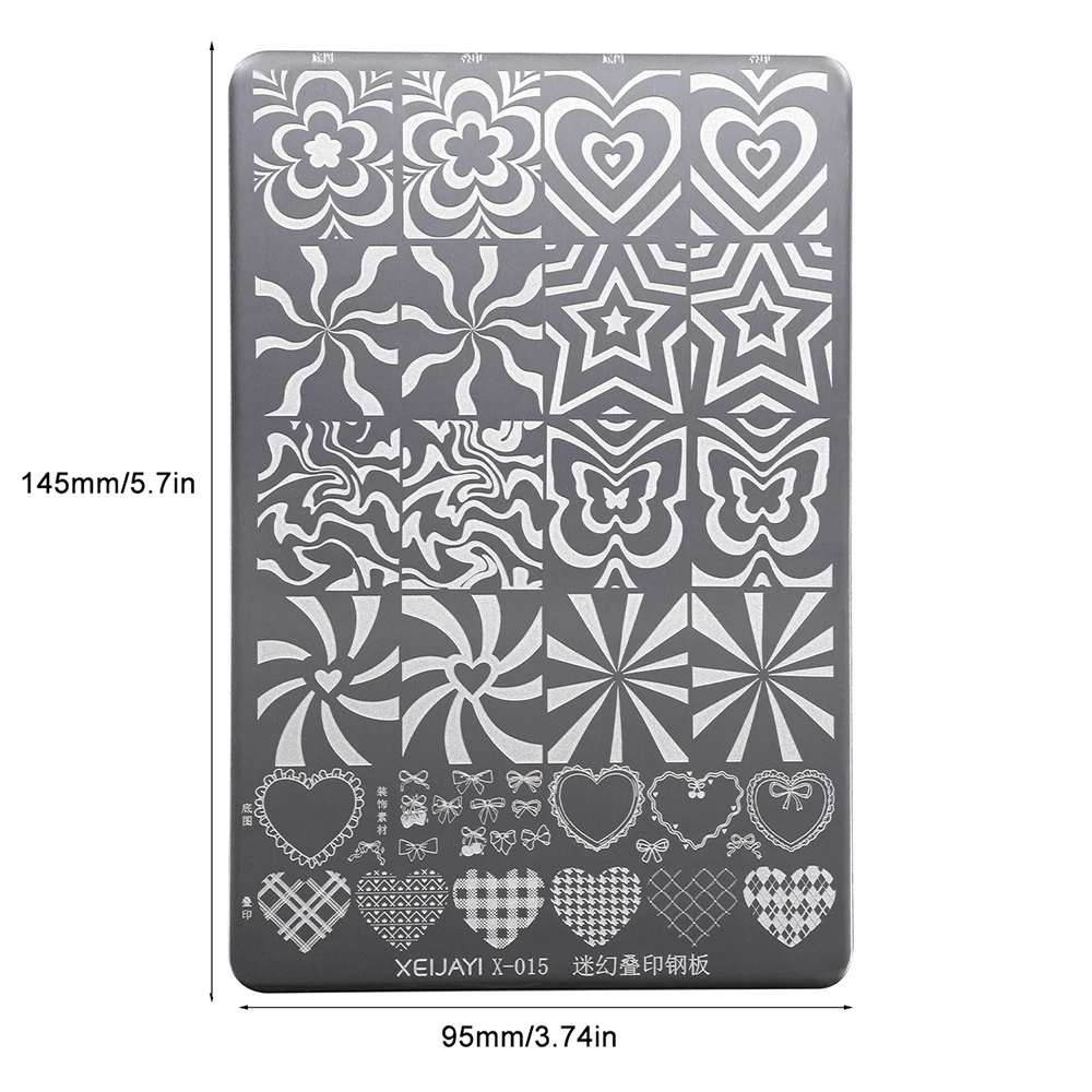 14.5*9.5 cm 스트라이프 하트 패턴이 있는 DIY 네일 템플릿 네일 아트 스탬핑 플레이트 판타지 오버레이 매니큐어 스탬퍼 도구 (가정용)