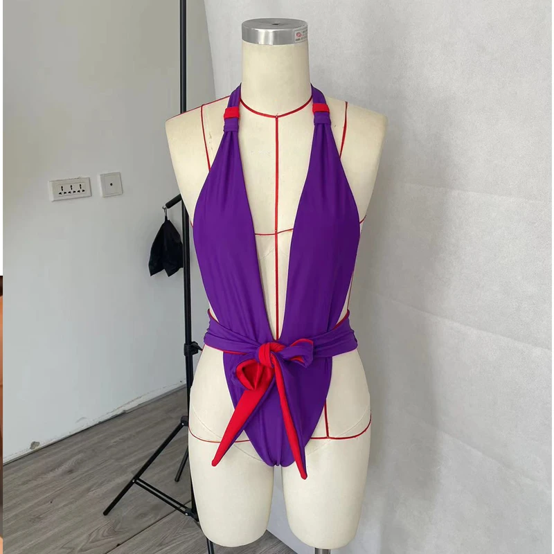 BEACHCICI Women's Bikini One Piece Summer Sexy Contrasting Color Halter Neck Lace Up Backless Tie Up Beach Holiday Swimsuit