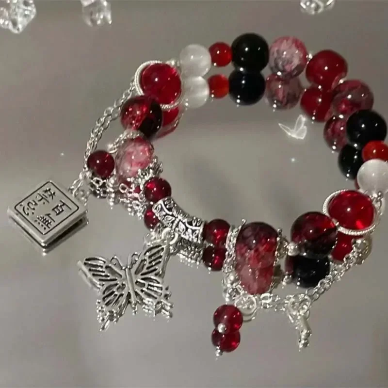 New Trendy Red Beaded Chain Bracelet for Women Simple Hollow Butterfly Pendant Bracelets Jewelry Gifts Accessories