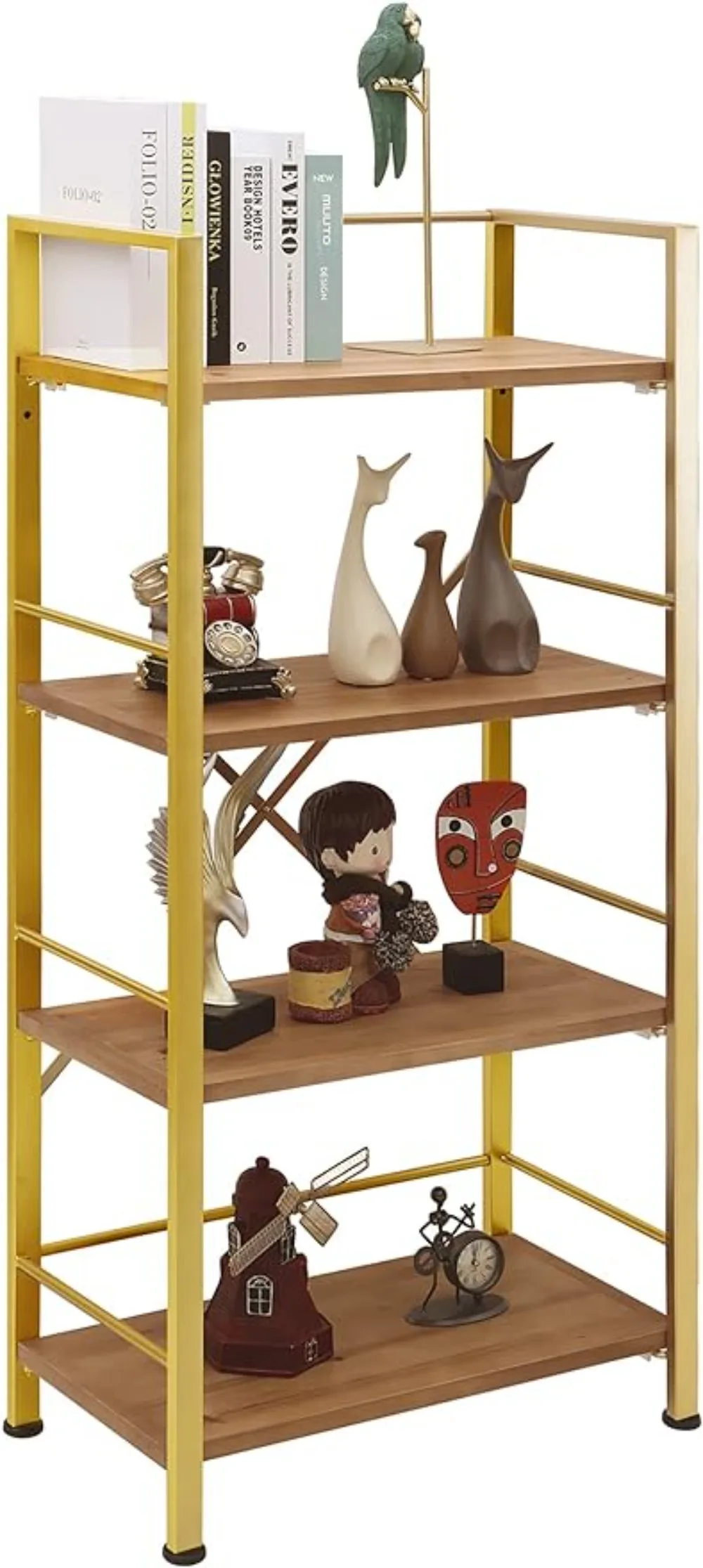 

Crofy 4 Tier Gold Bookshelf, Real Wood Bookshelf Simply Assembled in 10 Minutes, Metal Book Shelf for Storage