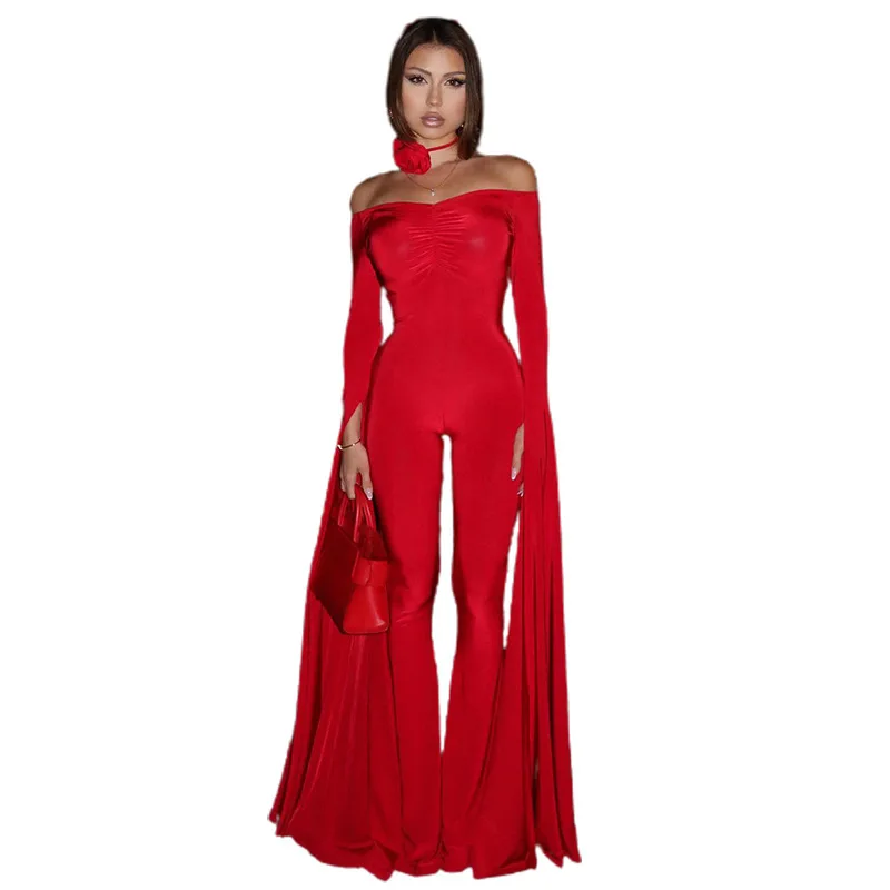Style Autumn and Winter New Women's Clothing Fashion Design Long Sleeve Sexy off-Neck Slim Fit Micro-Pull JumpsuitCok