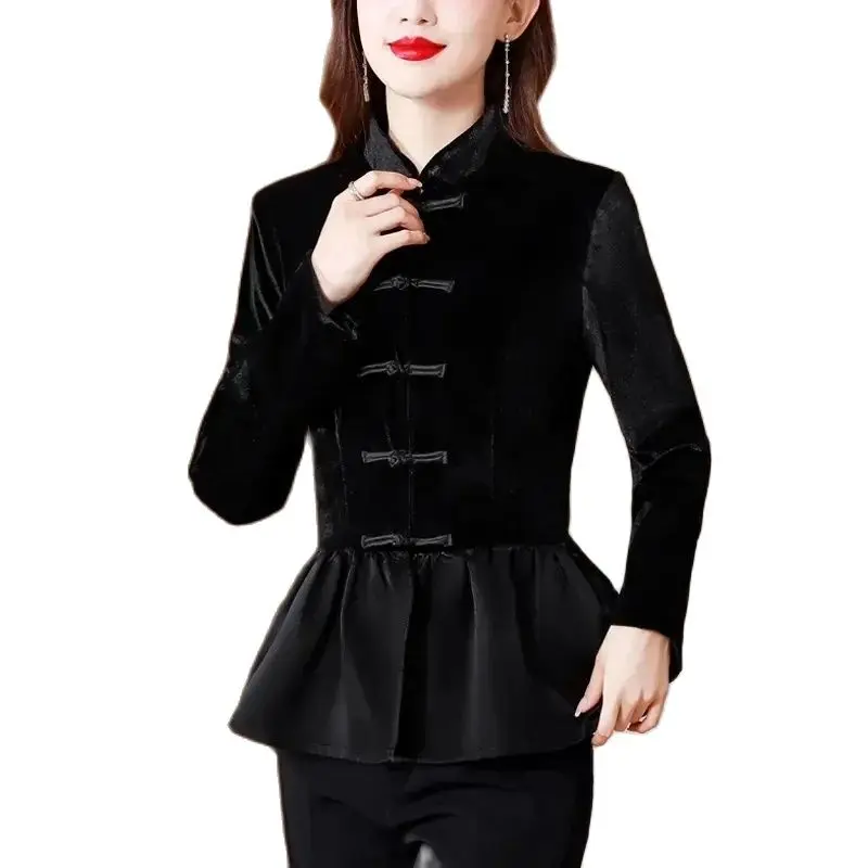 

Рубашка плюшевая женская, весна-осень, новинка 2024, Свободная Женская куртка, модный топ с пряжкой в виде катушки, черные элегантные женские топы