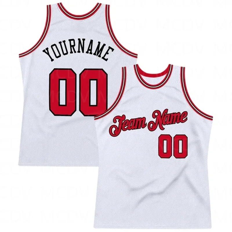 

Custom White Red-Black Authentic Throwback Basketball Jersey 3D Print Team Name Number Vest Game Practice Clothes Adult/Youth