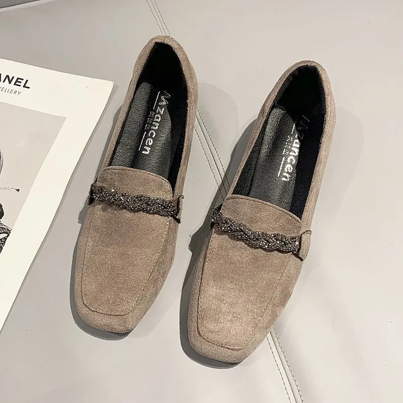 Women Shoes Women Flats Crystal Chain Flock Loafers Women Low Heels Espadrilles Women Shoes Ballerina Retor Square Toe Nubuck Velvet Moccasins Flats