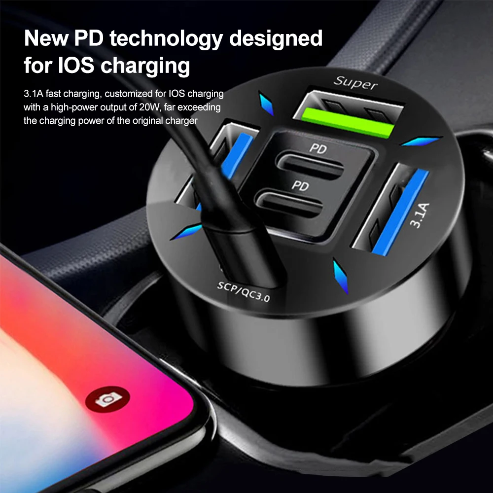 6 Ports USB Car Charger 66W PD USB Type C Quick Charge Car Phone Charger for Samsung Huawei Xiaomi iphone