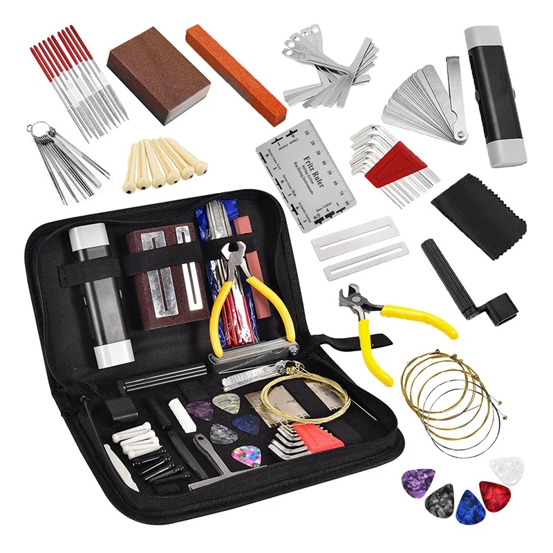 

Accessories 72Pcs Guitar Tool Kit Repair Maintenance Tools String Action Ruler Guitar Bridge Pins Strings Picks With Carry Bag