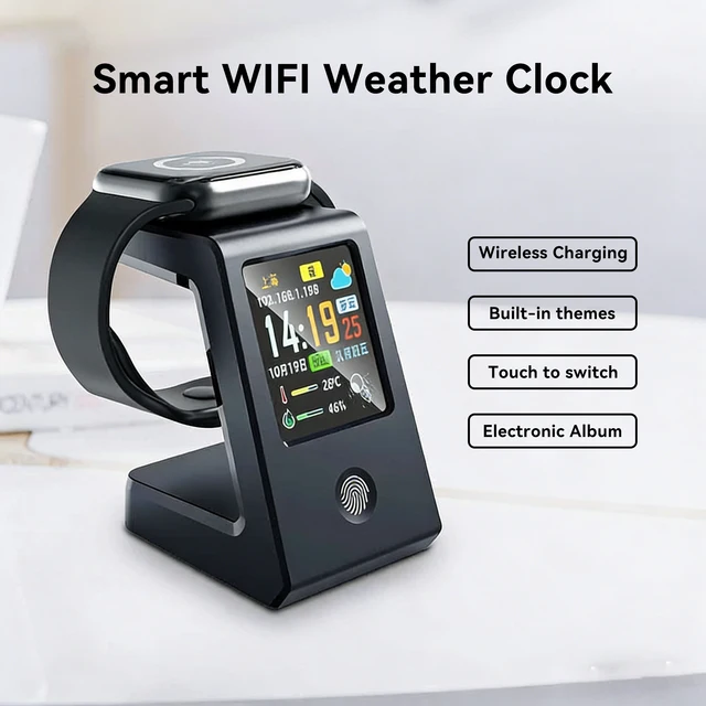 Horloge météo WiFi, charge sans fil pour montres - horloge de table numérique intelligente, affichage météo en temps réel, commande tactile 1