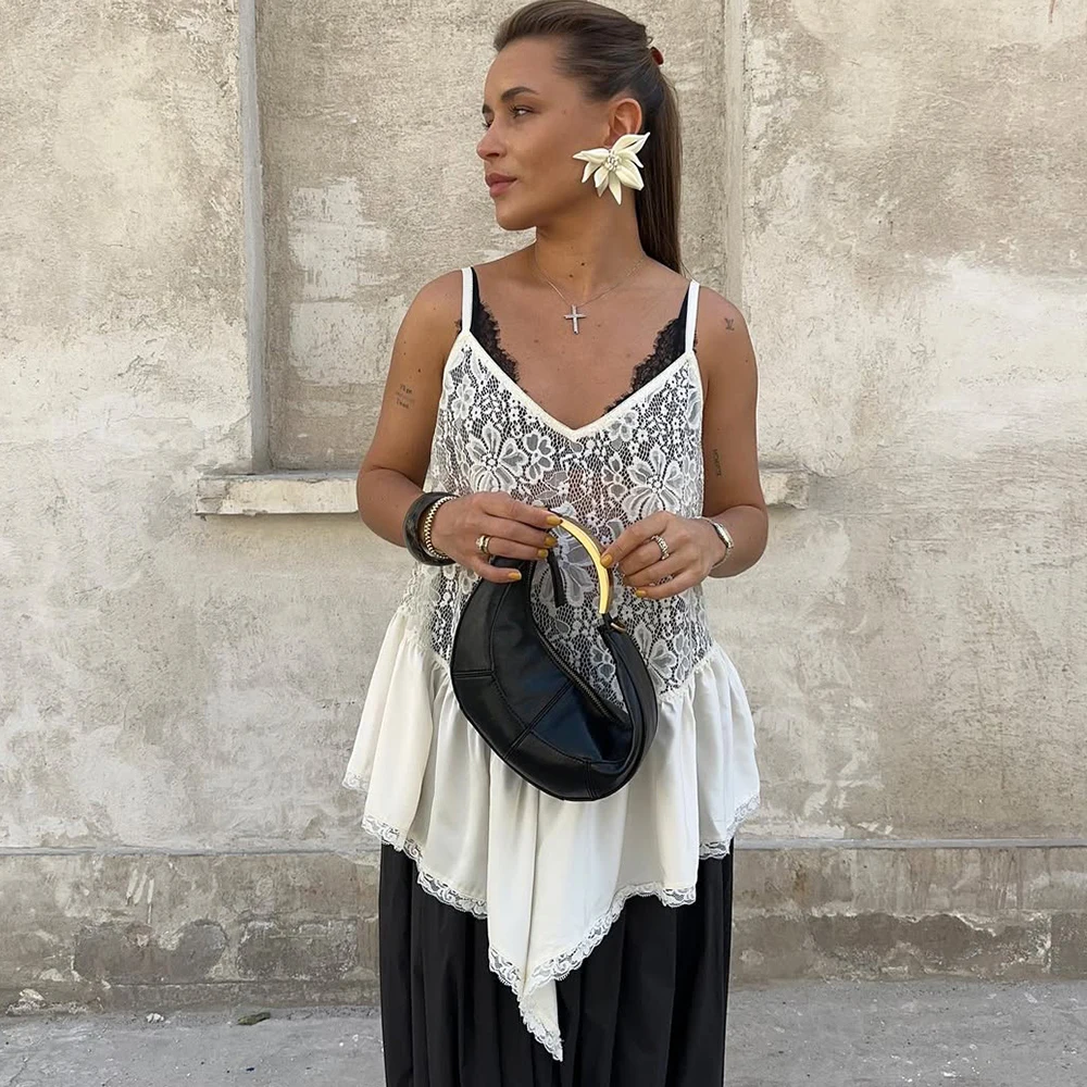 Talenza White Lace Sleeveless Party Top - Sexy See Through Patchwork Fashion