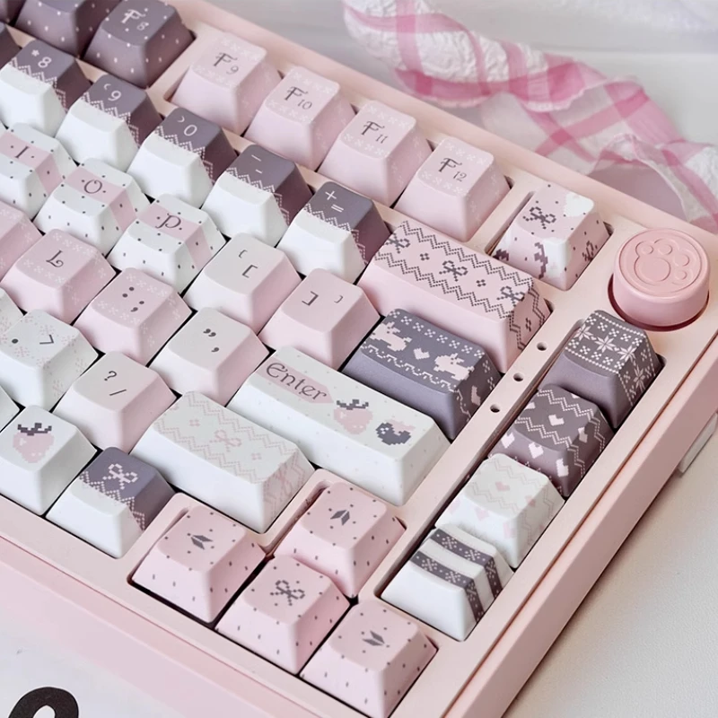 Kawaii Pink Strawberry Bunny Pastel Cherry Profile Keycaps (129 Keys)