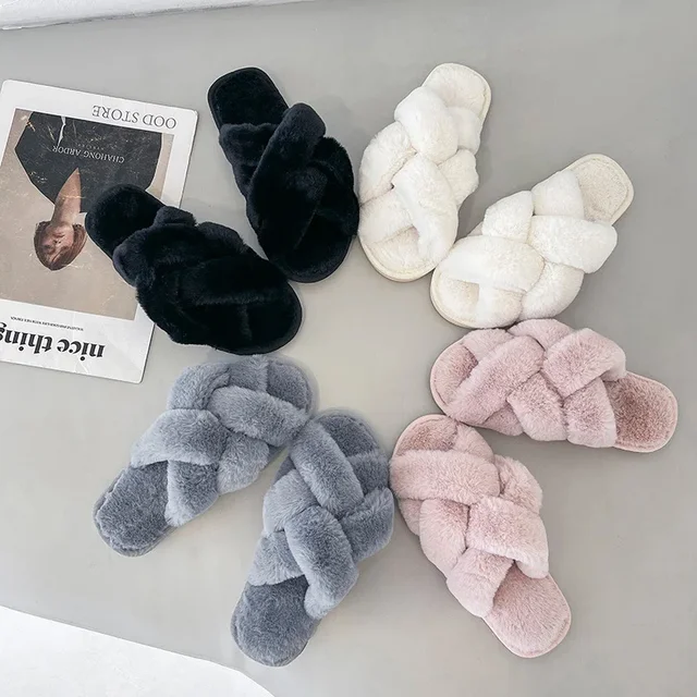Fashionable Women's Cross Open-Toe Fur Slippers Indoor Home Cotton Slippers Flat Heel Autumn Winter New Arrival Korean Style