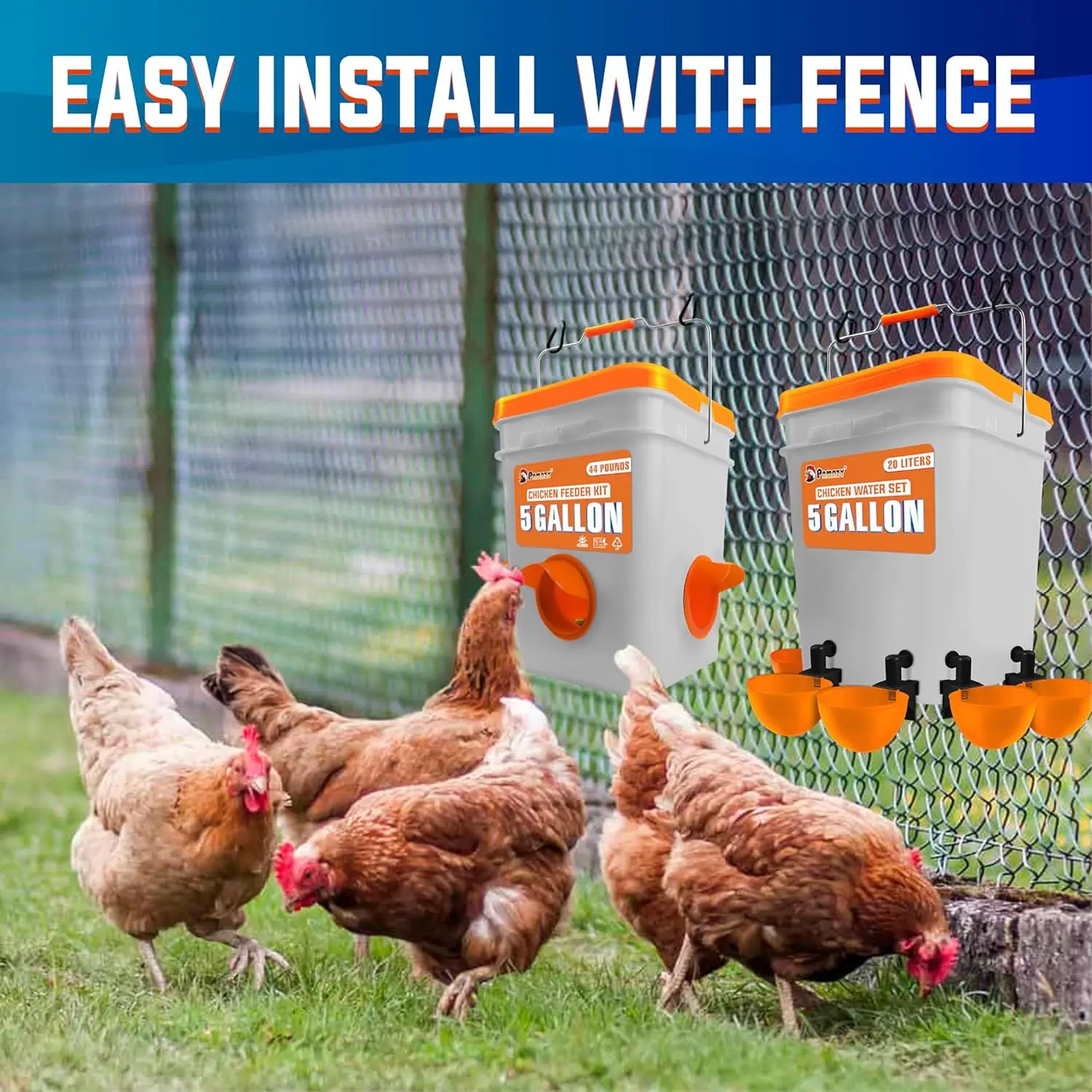 5-Gallon/44 Pounds Automatic Chicken Feeder & Waterer Set(2 Buckets), Chicken Feeder Port & Water Cup No Waste, Rain Proof 6