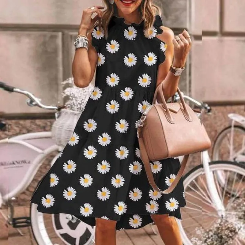 

Little Daisy Sunflower Sleeveless Print Dress Women's Summer Casual Crew-neck Vintage Mini Dress Mini Skirt