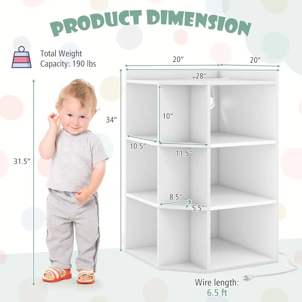 Kids Corner Cabinet with Charging Station, Wooden Cubby Bookcase with USB Ports and Outlets, Kids Bookshelf, 9-Cube Toy Storage 3