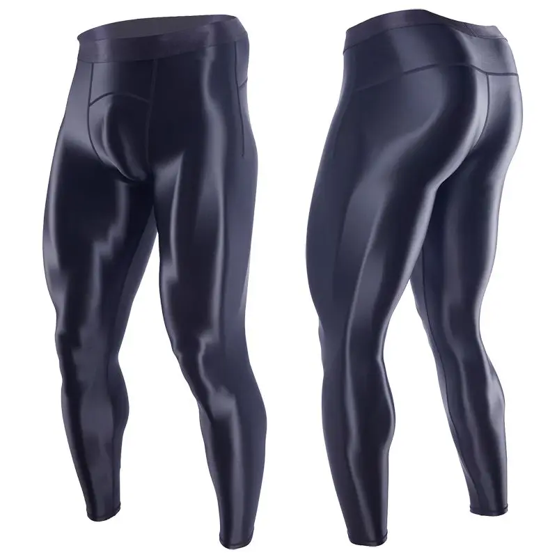 Mens Sports Pants Glossy Satin Men Leggings High Waist Smooth Skinny Pants Sports Tights Quick-drying Outdoor Fitness Gym Trousers