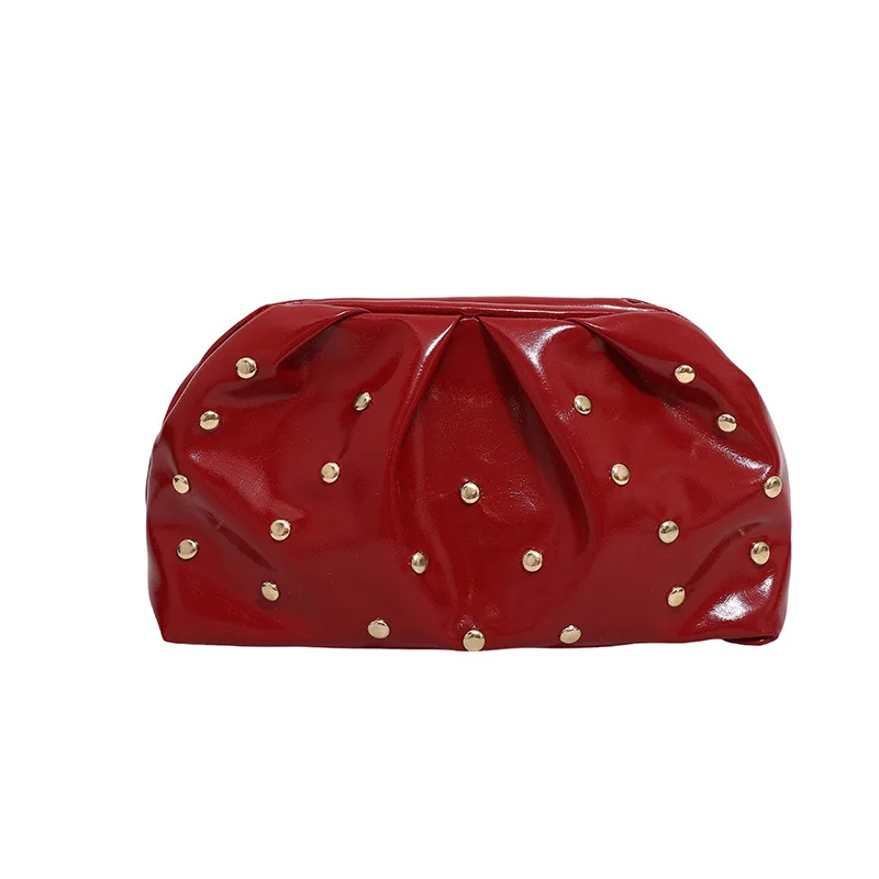 Simple Versatile Clip Evening Handbags for Women Solid Color Rivet Pleated Design Ladies Clutch Female Soft Pu Leather Purse - 6