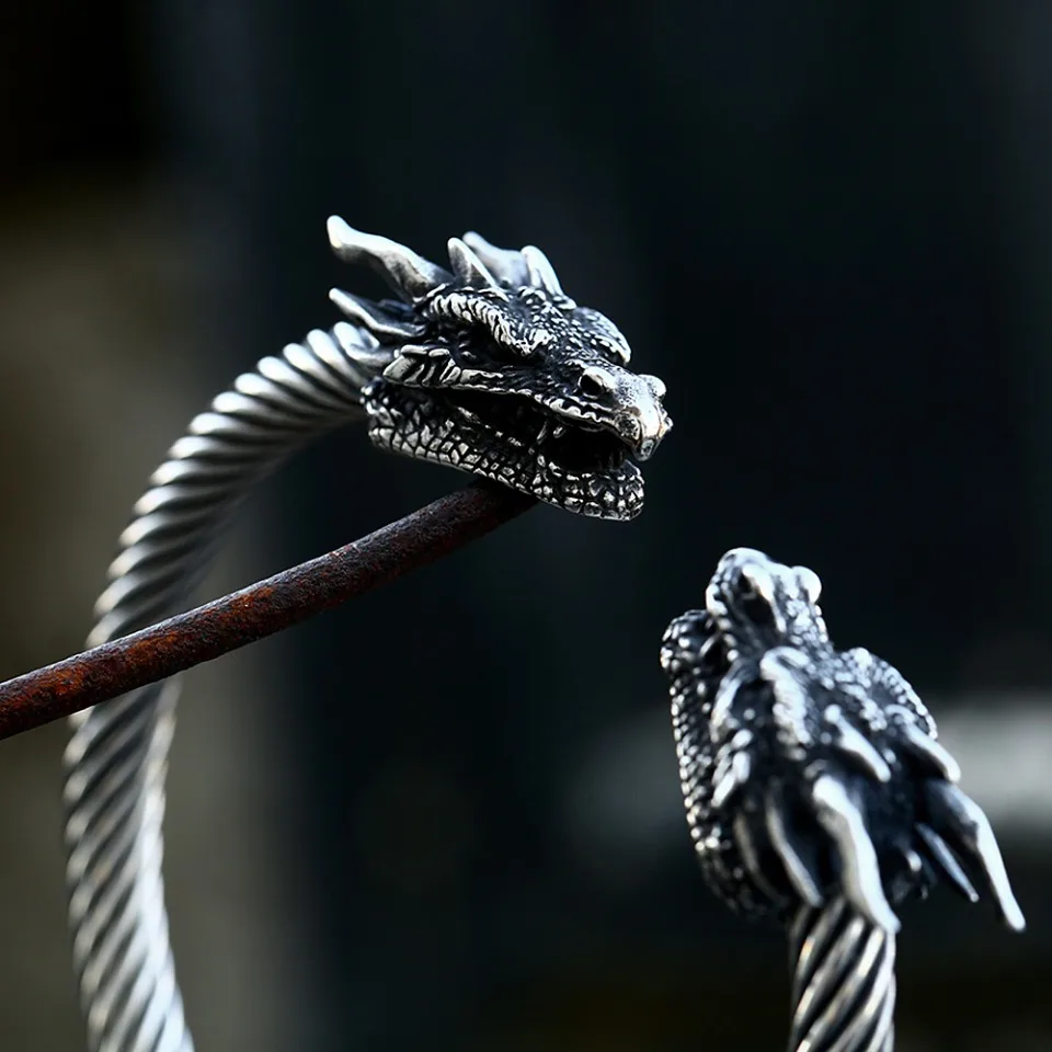 Vintage Viking Double Dragon Heads Bracelet Punk Stainless Steel Animal Open Bracelet for Men stainless steel bracelet bangle bracelet