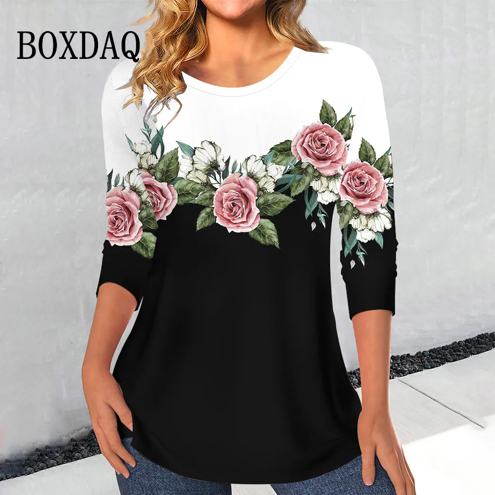 Women's Casual Rose Print T Shirt For Women Elegant Fashion Female Clothes Streetwear Vintage Long Sleeve Loose Tops Oversized 1
