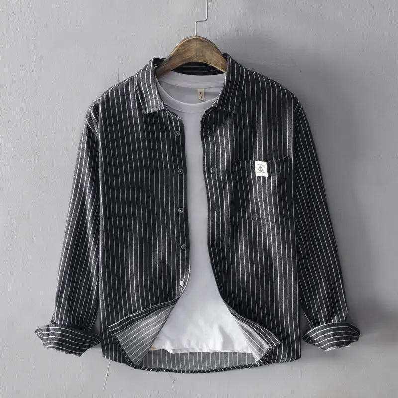 New KPOP Fashion Harajuku Cotton Stripe Shirt for men Slim Fit Tops Loose Casual Square Neck Button Pockets Long Sleeve Blusa