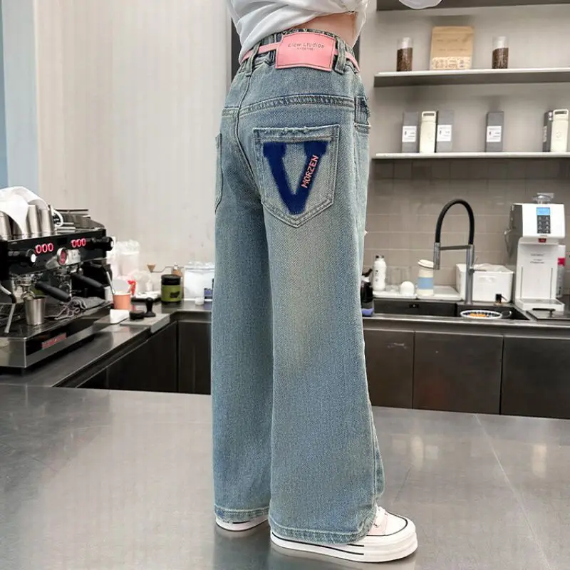 

Teenage Girls Jeans Spring/Autumn Personality Design Children Wide Leg Pants Korean Edition Loose Trousers for Kids 5-14 Years