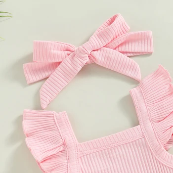 0-18M Toddler Girls 3Pcs Summer Clothes Fly Sleeve Solid Romper Tops Drawstring Short Pants Headband 5