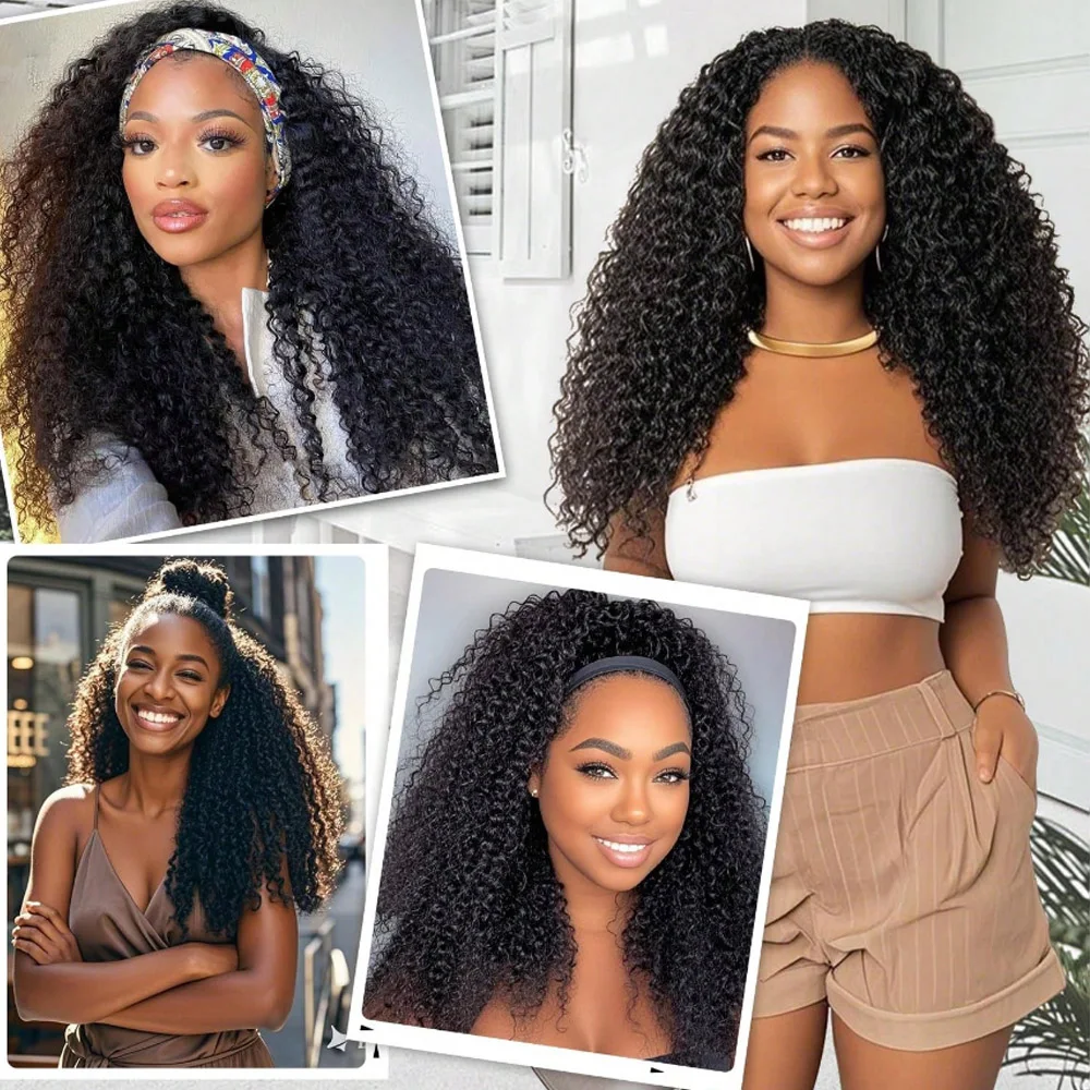 Jerry Curly Half Wig Human Hair 200% Density 3 In 1 Seamless Flip Over Half Wigs Human Hair Kinky Curly Headband Wig for Women