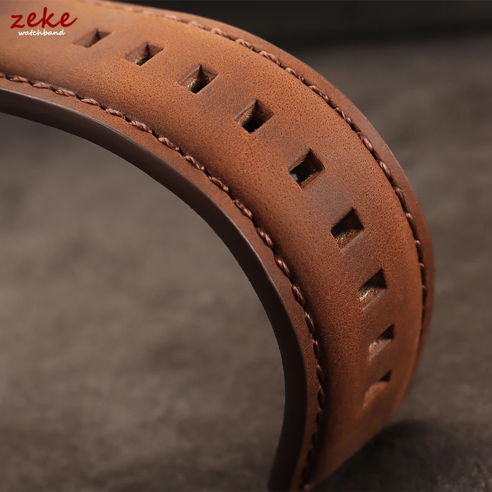 Vintage Crazy Horse Leather Watch Strap - Premium Top Grain Cowhide with Black Silver Clasp, 28mm