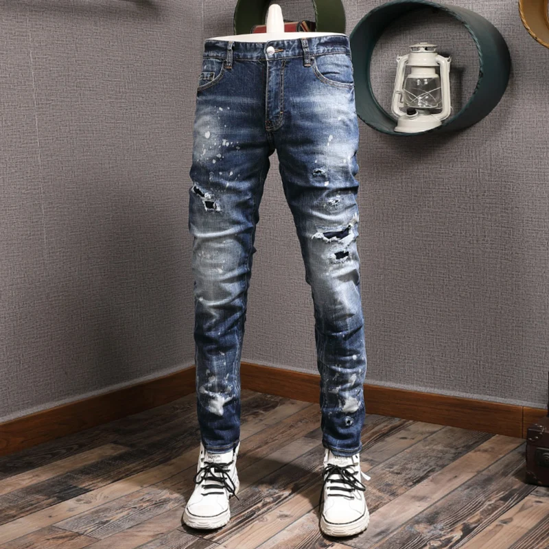 Fashion Streetwear Men Jeans Retro Blue High Quality Elastic Slim Fit