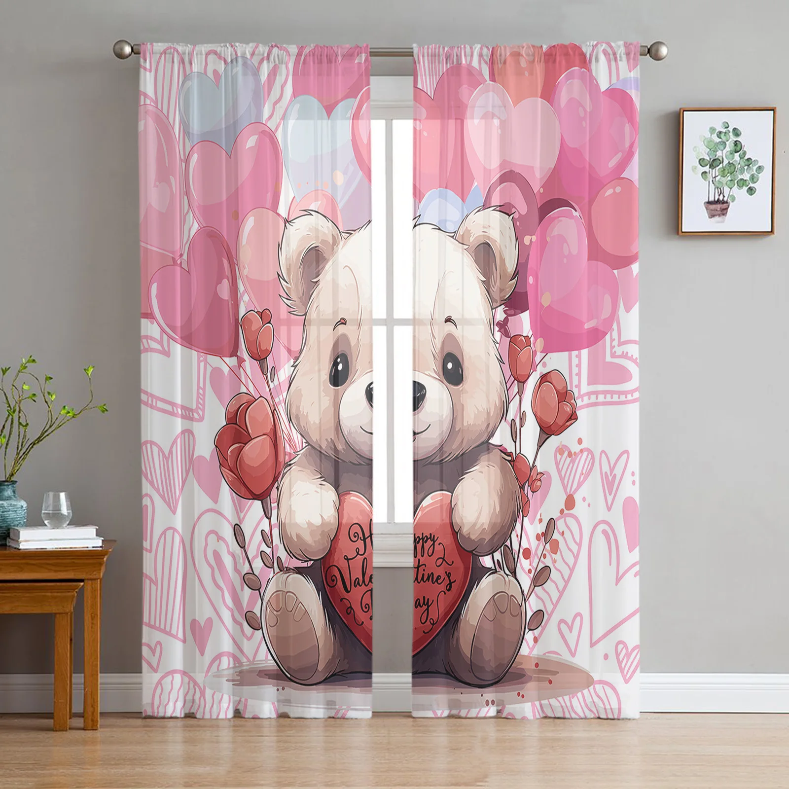 

Valentine'S Day Balloon Love Doll Bear Tulle Voile Curtains for Bedroom Living Room Window Curtain Sheer Curtains Organza Drapes
