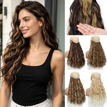 18Inch Synthetic Long Wave Curly Invisible Hair Extensions Fish Line Halo Hairpiece Heat Resistant For Women Daily Use