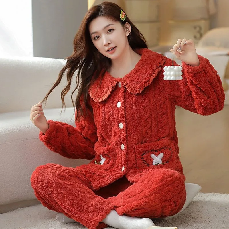 2023 New Coral Velvet Pajamas Women Winter Thickened Loungewear Autumn Flannel Homewear Suit Lapel Loose Warm Fleece Sleepwear